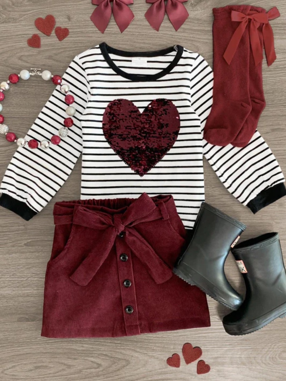 BRAND NEW! Striped Heart Burgundy Skirt set